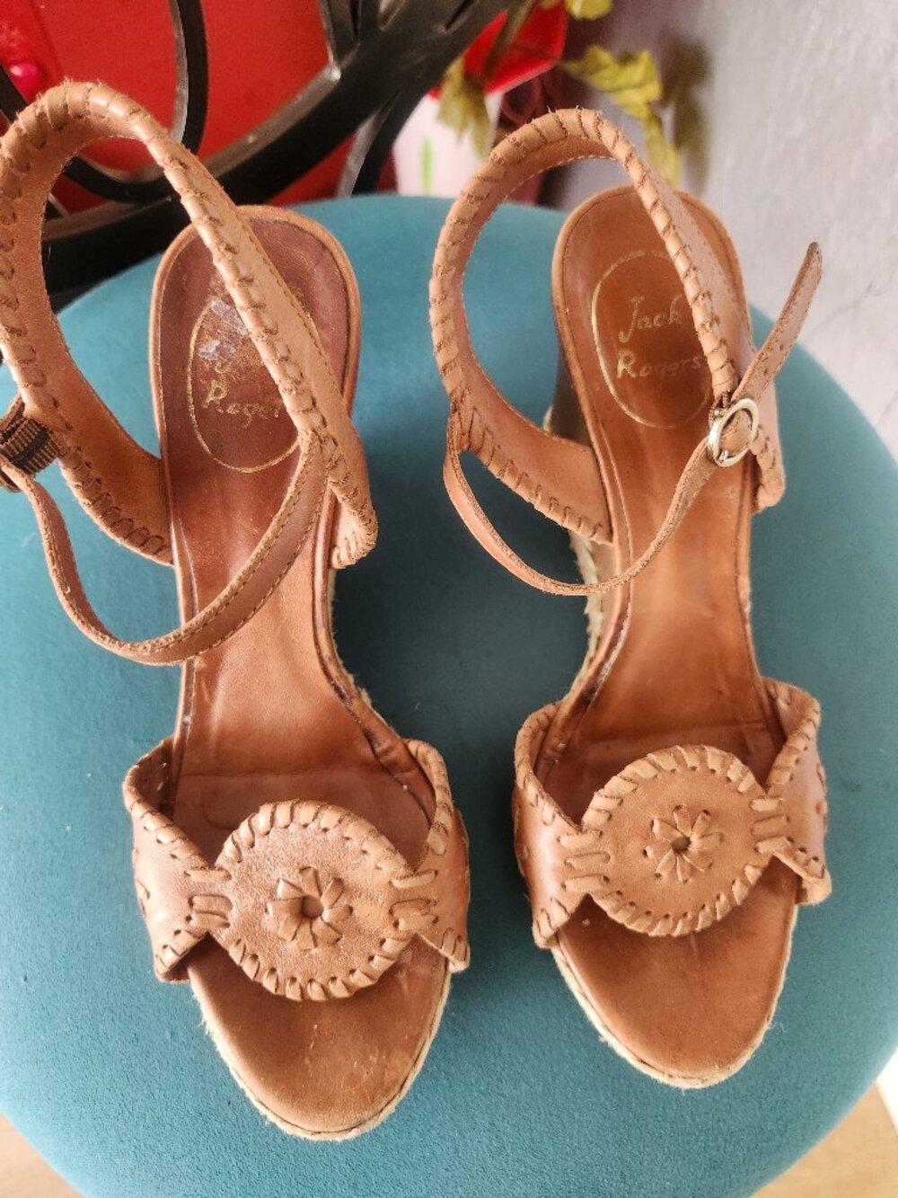 JACK ROGERS ~ Clare Wood Wedge Sandals ~ Whipstitched Leather Women's ~ Size 8